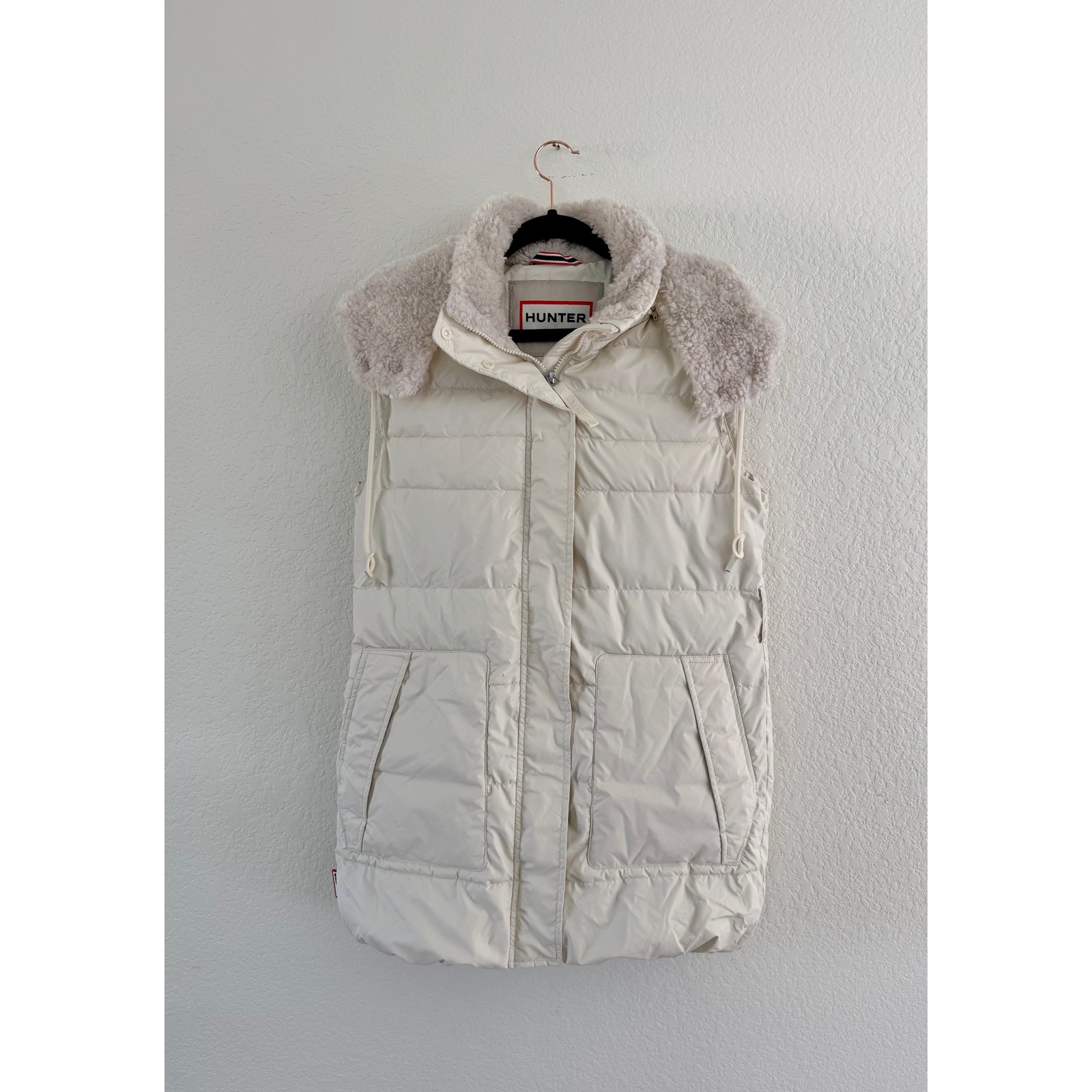 Hunter Women Cream Off-White Longline Puffer Vest Faux Shearling Hood Small